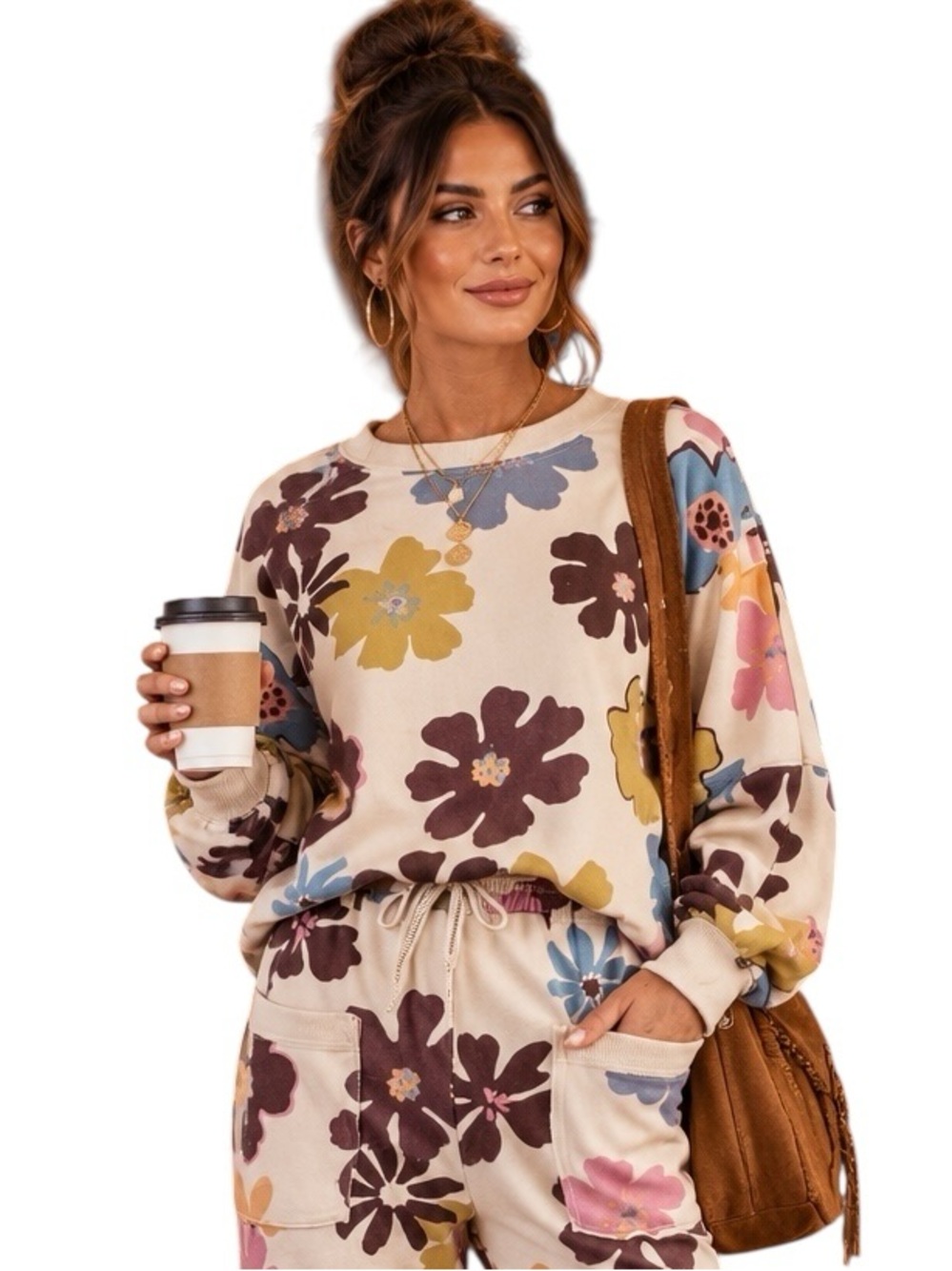 Easel Two Piece Floral Soft French Terry long sleeve top and lounge pants - Picture 2 of 8